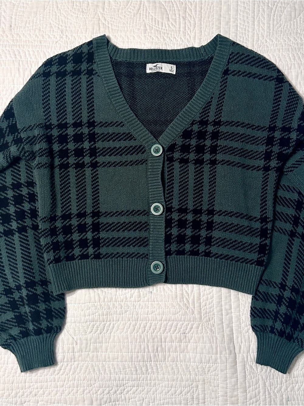 Hollister Forest Green & Black Plaid Cropped V-Neck Cardigan | Oversized Small